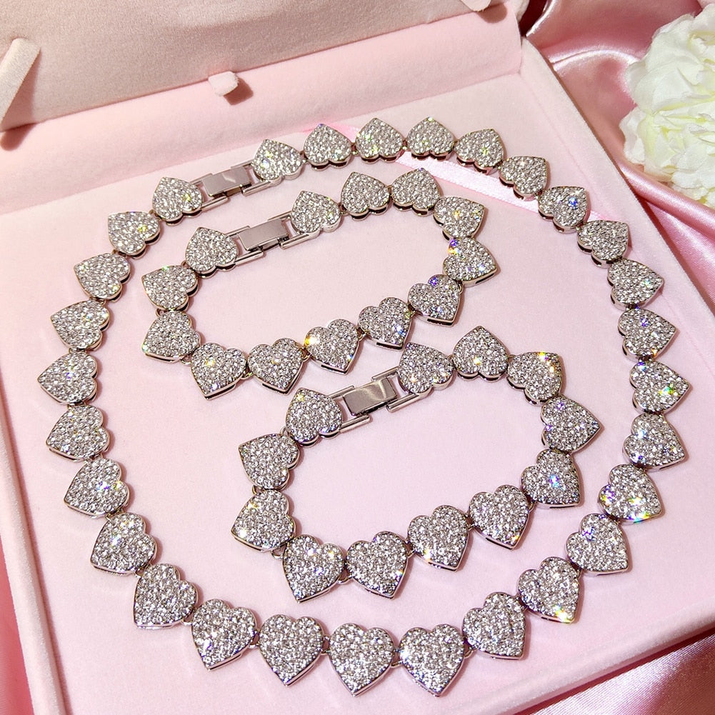 Gold Crystal Heart Cuban Link Chain