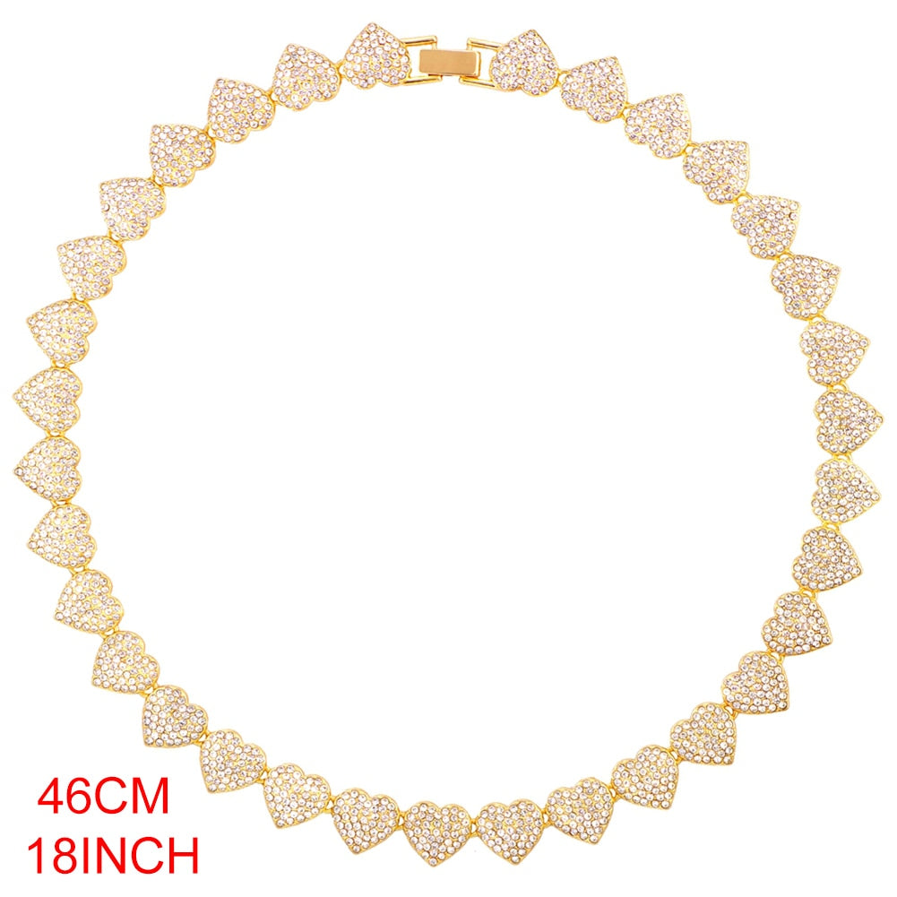 Silver Crystal Heart Cuban Link Chain