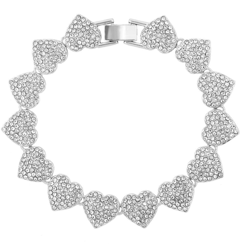Silver Crystal Heart Cuban Link Chain