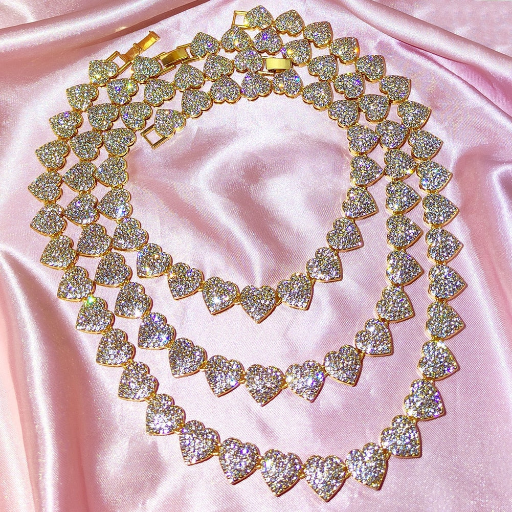 Gold Crystal Heart Cuban Link Chain