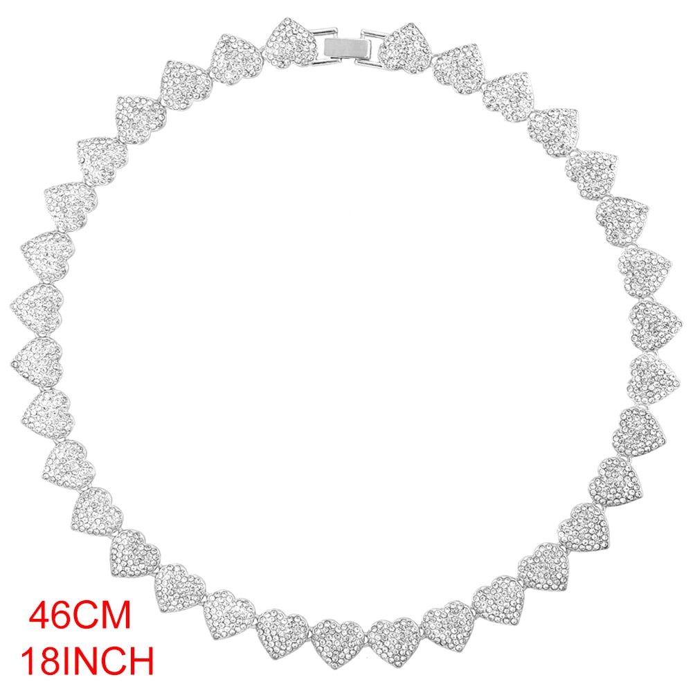 Silver Crystal Heart Cuban Link Chain