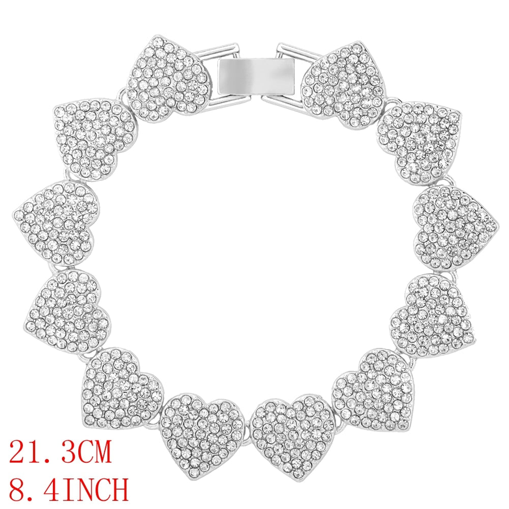 Silver Crystal Heart Cuban Link Chain