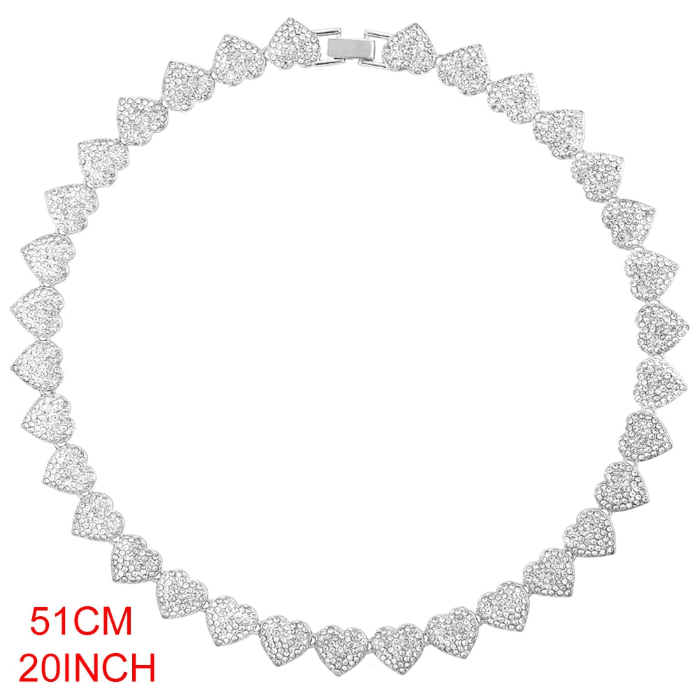 Silver Crystal Heart Cuban Link Chain