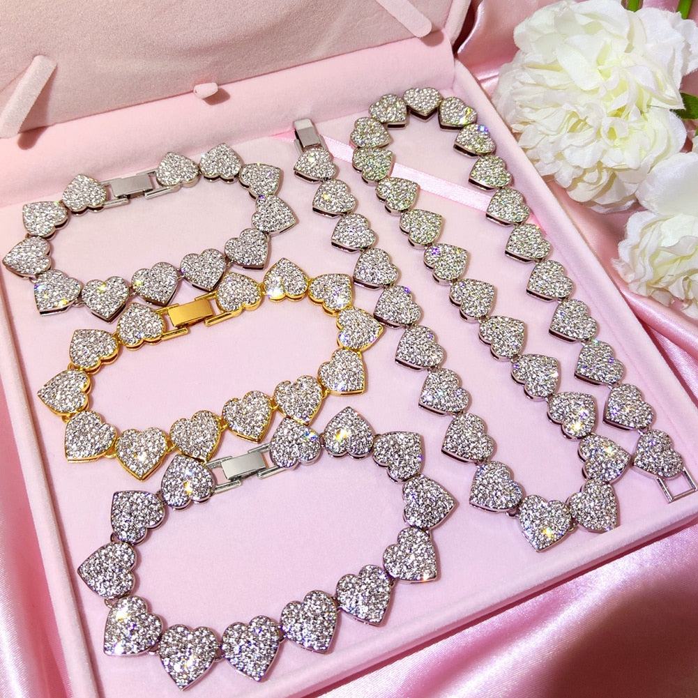Gold Crystal Heart Cuban Link Chain