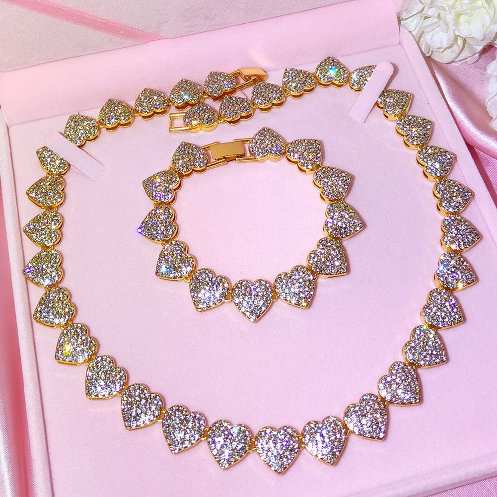 Gold Crystal Heart Cuban Link Chain
