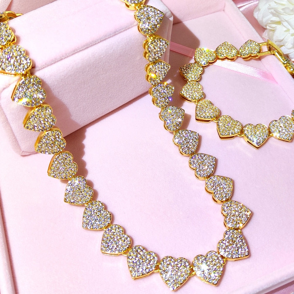 Silver Crystal Heart Cuban Link Chain